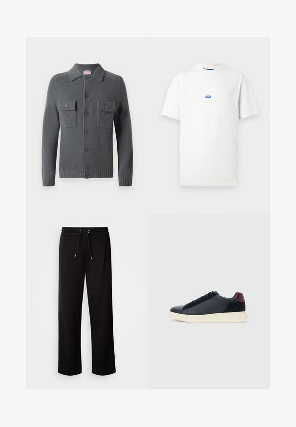 Pelēks adīts kardigans ar pogu aizdari, divām krūšu kabatām un apkakles izgriezumu. Ribotās piedurknēm un apakšmalai. Mīksta tekstūra.; Balta īsroku T-krekls ar mazu zilu taisnstūra formā iespiestu logotipu "HUGO" krūtīs, vienkāršs fons.; Melni, brīvi pieguļoši sporta bikses, izgatavotas no mīksta auduma, ar elastīgu jostu un auklu, kā arī sānu kabatām.; Zemāko vīriešu sporta apavu modelis melnā ādas un zamša apdarē ar bordo krāsas papēža cilpu un baltu gumijas zoli, skatoties no ārējās puses.