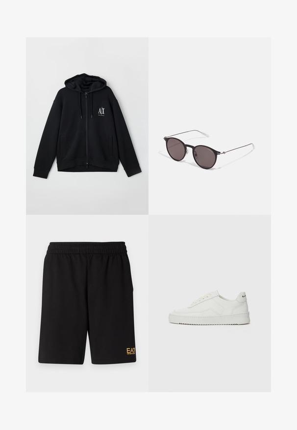 Černá zipová mikina vyrobená z měkké látky, s podšívkou kapuce, dvěma předními kapsami a malým bílým logem na levé části hrudníku.; Bílé bavlněné tričko s kulatým výstřihem a krátkým rukávem, na přední straně s potiskem zlatého loga EA7 Emporio Armani.; Černé sportovní šortky vyrobené z měkké látky, s elastickým pasem a malým žlutým logem EA7 na dolní části levé nohy.; Bílé kožené tenisky s hladkým povrchem, kulatou špičkou, plochými tkaničkami a texturovanou podrážkou. Na patě se nachází nenápadné logo.; Černé kulaté sluneční brýle s tmavými skly a tenkými kovovými nohami. Obsahují průhledné koncovky nožiček a stříbrné akcenty na pantu. Minimalistický design.