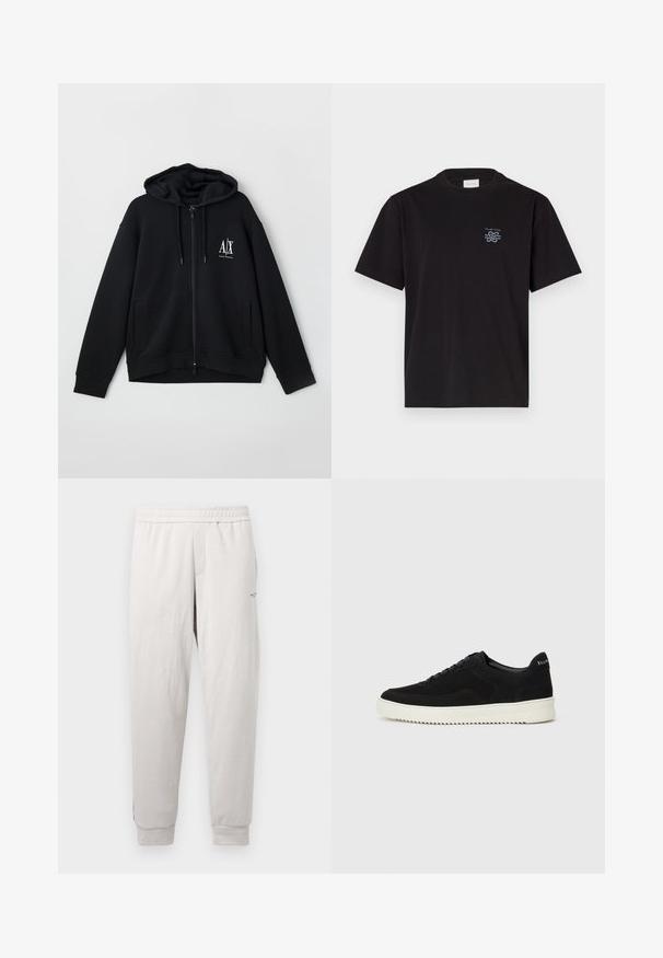 Zwarte zip-up hoodie van zacht materiaal, met een gevoerde capuchon, twee voorke pockets, en een klein wit logo op de linkerkant van de borst.; Zwarte katoenen T-shirt met een ronde hals en korte mouwen. Heeft een klein blauw logo op de linkerkant van de borst. Eenvoudig, recht gesneden ontwerp.; Lichtgrijze sweatpants met een elastische tailleband, zijzakken, geribbelde manchetten en subtiele branding op het been, gemaakt van zachte stof.; Zwarte suède sneakers met vetersluiting en contrasterende witte rubberen zool. Voorzien van textuurpanelen aan de zijkanten en subtiele branding op de hiel.