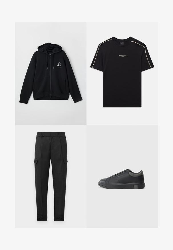 Črna zip-up kapuca iz mehkega blaga, z podloženim kapucem, dvema sprednjima žepoma in majhnim belim logotipom na levi strani prsnega koša.; Črna bombažna majica s kratkimi rokavi, okroglim izrezom, bež akcentnimi šivi na ramenskih šivih in logotipom ARMANI EXCHANGE na sredini.; Črne cargo hlače z elastičnim pasom, zoženim hlačnicami, stranskimi žepi in enim cargo žepom na levi stegn. Gladka tekstura.; Črne usnjene teniske s gladko površino, zaobljenim prstom in temno sivo akcenti. Imajo sistem vezanja in teksturiran gumijast podplat.