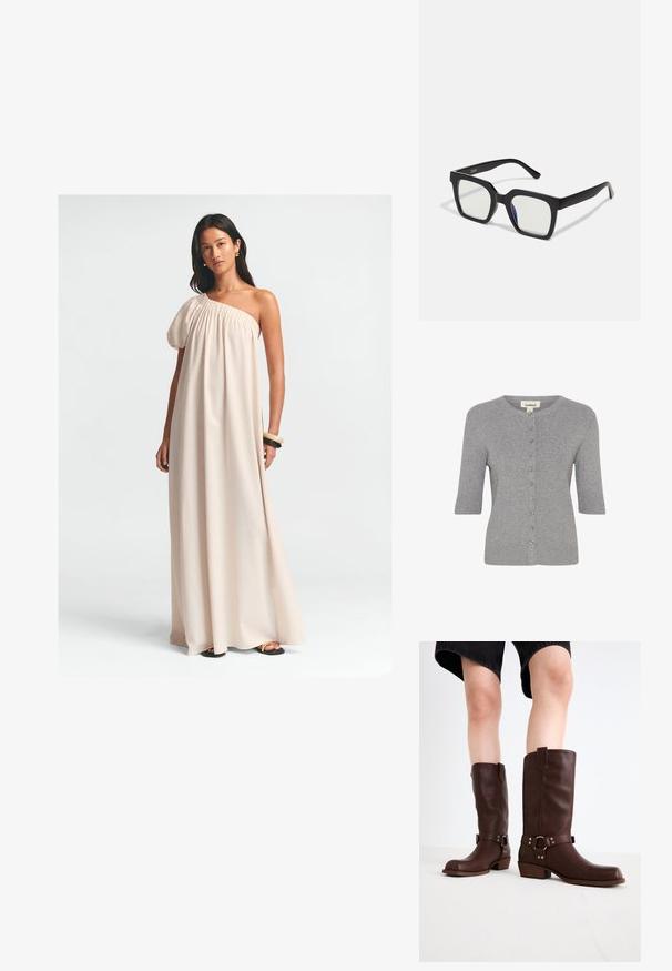 Pelēks īsām piedurknēm kardigāns, izgatavots no ribota adījuma, ar apaļu kakla izgriezumu un pogu aizdari priekšā.; Gaišas bēša krāsas maksi kleita ar vienu pūkainu piedurkni, savilktu kakla daļu un plūstošu siluetu. Gluda auduma un potītes garuma dizains.; Brūni ādas līdz ceļiem zābaki ar noapaļotu purngalu, teksturētu virsmu, potītes siksnu un sudraba detaļām; zābaku papēdis ar slāņiem.; Melnas kvadrātveida saulesbrilles ar matētu apdari, kurām ir caurspīdīgi objektīvi un viegli zila nokrāsa uz vienas puses. Izturīgs, stūrainais dizains.