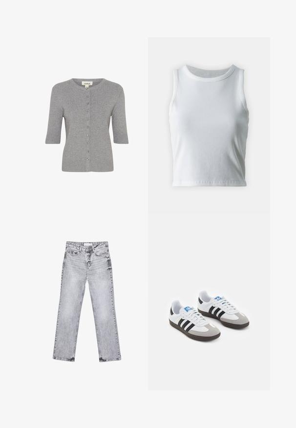 Szary sweter z krótkim rękawem wykonany z prążkowanego materiału, z okrągłym dekoltem i zapięciem na guziki z przodu.; Biała, prążkowana koszulka na ramiączkach z okrągłym dekoltem i bez rękawów, z prostym dołem i gładką, elastyczną teksturą.; Szare dżinsy o prostym kroju nogawki, z przetarciami, pięcioma kieszeniami i miedzianymi nitami. Pasek w talii posiada metkę z logo.; Buty sportowe z białą skórzaną cholewką, szarym zamszowym noskiem i trzema czarnymi paskami. Posiadają niebieskie logo na języku oraz teksturowaną gumową podeszwę.