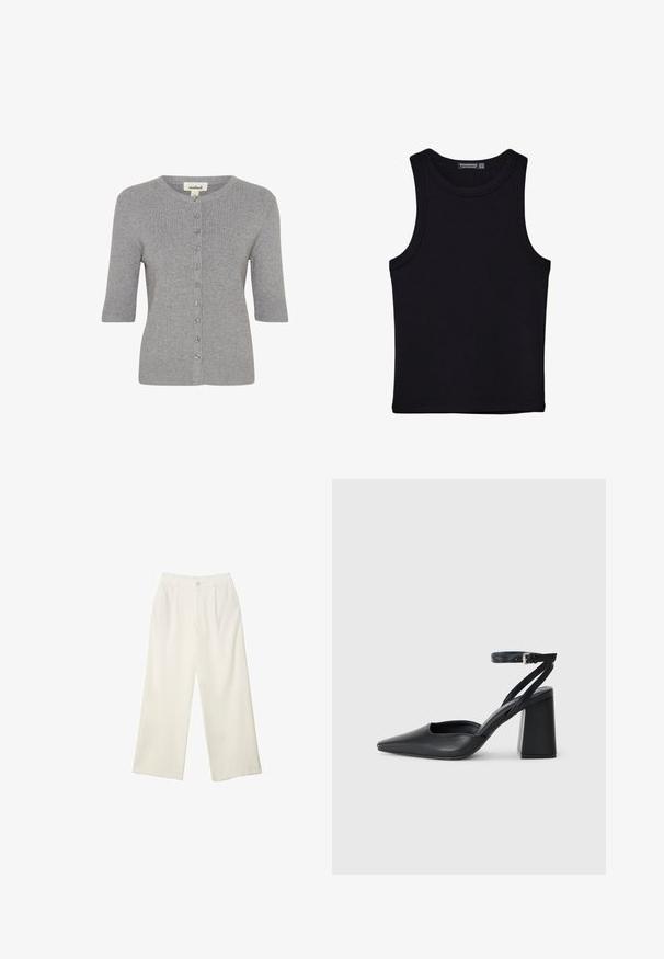 Sivý kardigán s krátkym rukávom vyrobený z rebrovanej pleteniny, s okrúhlym výstrihom a zapínaním na gombíky na prednej strane.; Čierny tank top vyrobený z bavlny, s okrúhlym výstrihom a širokými ramienkami. Hladká textúra so zošitými okrajmi. Klasický, minimalistický dizajn.; Široké nohavice z krémovej látky s hladkou textúrou, s jedným predným gombíkom, jemnými skladmi a vysokým pásom.; Čierne kožené lodičky s špicatou špičkou a členkovým remienkom, s masívnym podpätkom. Hladký povrch, elegantný dizajn a minimalistická estetika.