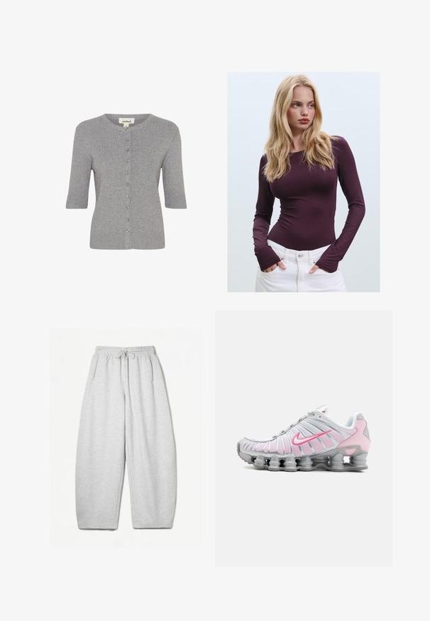 Sivý kardigán s krátkym rukávom vyrobený z rebrovanej pleteniny, s okrúhlym výstrihom a zapínaním na gombíky na prednej strane.; Burgundská dlhá rukávová priliehavá blúzka s okrúhlym výstrihom a otvorom na palec, skombinovaná s bielymi nohavicami s vysokým pásom. Hladká tkanina a elastická štruktúra.; Svetlošedé tepláky s voľným strihom, elastickým pásom, šnúrkou a bočnými vreckami; vyrobené z mäkkej, štruktúrovanej látky.; Nike športová obuv v bielej a svetloružovej farbe. Má sieťovinový zvršok a charakteristickú zakrivenú podrážku s viditeľným vzduchovým odpružením.