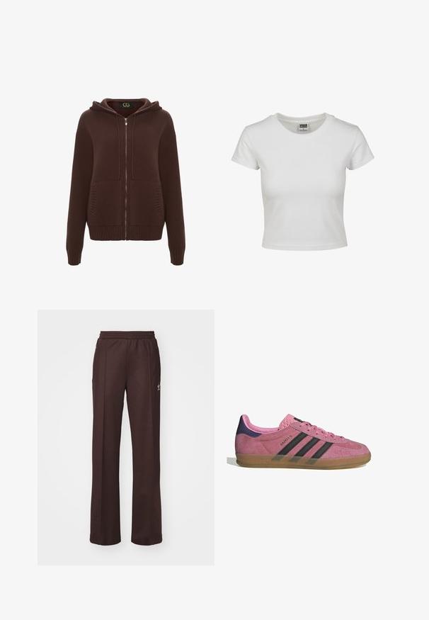 Brązowy rozpinany hoodie wykonany z fakturowanej dzianiny, z kapturem, ściągaczami przy rękawach oraz dwoma przednimi kieszeniami. Zawiera subtelną metkę marki wewnątrz.; Biała bawełniana koszulka z klasycznym okrągłym dekoltem, krótkimi rękawami i dopasowanym krojem. Brak widocznych wzorów lub akcentów.; Brązowe spodnie sportowe z elastycznym pasem, dwoma bocznymi kieszeniami i małym logo po lewej stronie, wykonane z miękkiego materiału.; Różowe zamszowe sneakersy z czarnymi paskami, gumową podeszwą i teksturowanym fioletowym piętą. Posiadają sznurowany design oraz wytłoczone logo na boku.