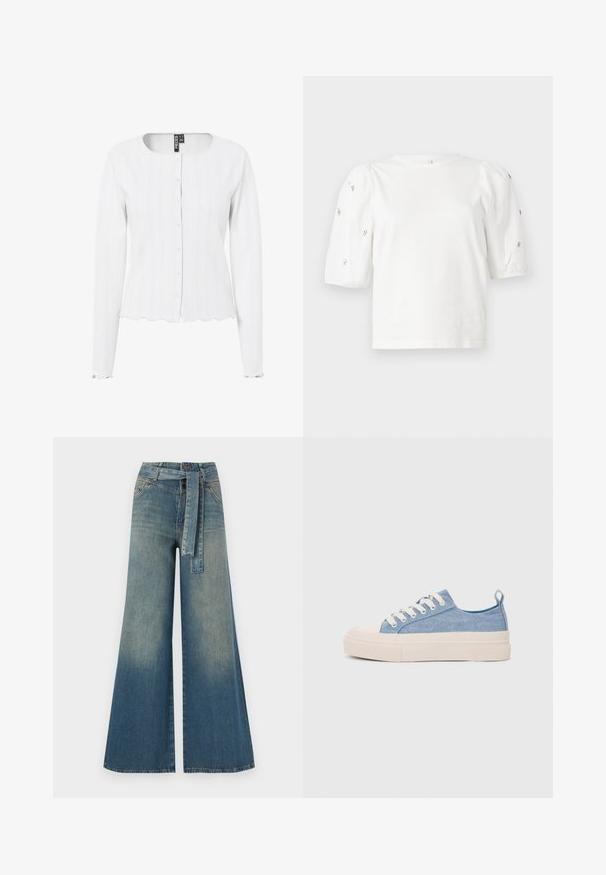 White ribbed cardigan with long sleeves, round neckline, and button closure. Scalloped hem and cuffs add texture to the design.; White cotton t-shirt with short puff sleeves, featuring small silver embellishments along the sleeves. Classic round neckline, relaxed fit.; Wide-leg denim trousers featuring a light to dark blue gradient, high waist, belt loops, and a matching fabric belt. Textured denim finish.; Light blue canvas sneakers with a cream rubber toe cap and outsole, featuring white laces and a pull tab on the heel.