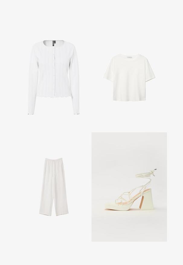 Biała, prążkowana kardigan z długimi rękawami, okrągłym dekoltem i zapięciem na guziki. Półokrągły doł i mankiety dodają tekstury do projektu.; Biała koszulka z krótkim rękawem, wykonana z bawełny. Posiada okrągły dekolt i luźny krój. Gładka faktura bez widocznych wzorów czy akcentów.; Białe spodnie o szerokich nogawkach wykonane z lekkiego materiału. Posiadają elastyczny pas z sznurkiem i boczne kieszenie. Gładka tekstura.; Biała sandał na wysokim obcasie z masywnym słupkiem, z paskowym wzorem i wiązaniem przy kostce. Gładka faktura z platformą z przodu dla dodatkowej wysokości.