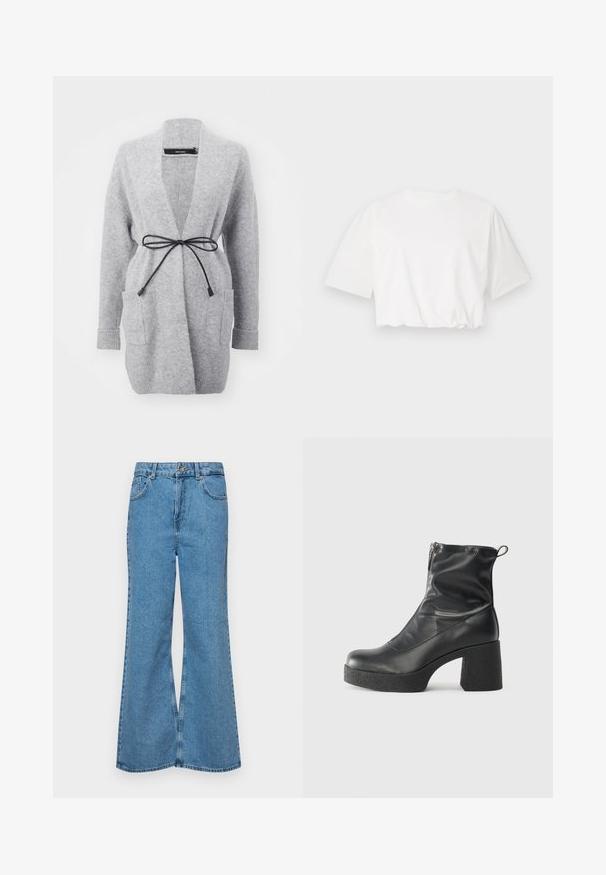 Pelēks adīts kardigāns ar atvērtu priekšpusi, ar saišu jostu, divām priekšējām kabatām un ribotu padušu daļu. Mīksta tekstūra, ikdienas dizains.; Balta noņemtā T-kreklu ar īsām pūkām, apaļu kakla izgriezumu un savāktu apakšmalu, izgatavota no mīksta kokvilnas auduma.; Gaiši zili, platā piegriezuma džinsi, kas izgatavoti no denima, ar augstu jostasvietu, piecām kabatām un vienu pogu. Mīksta tekstūra ar nolietotu apdari.; Melni potītes zābaki, kas izgatavoti no gludas ādas, ar sānu rāvējslēdzēju, masīvu strukturētu papēdi un noapaļotu purngalu.