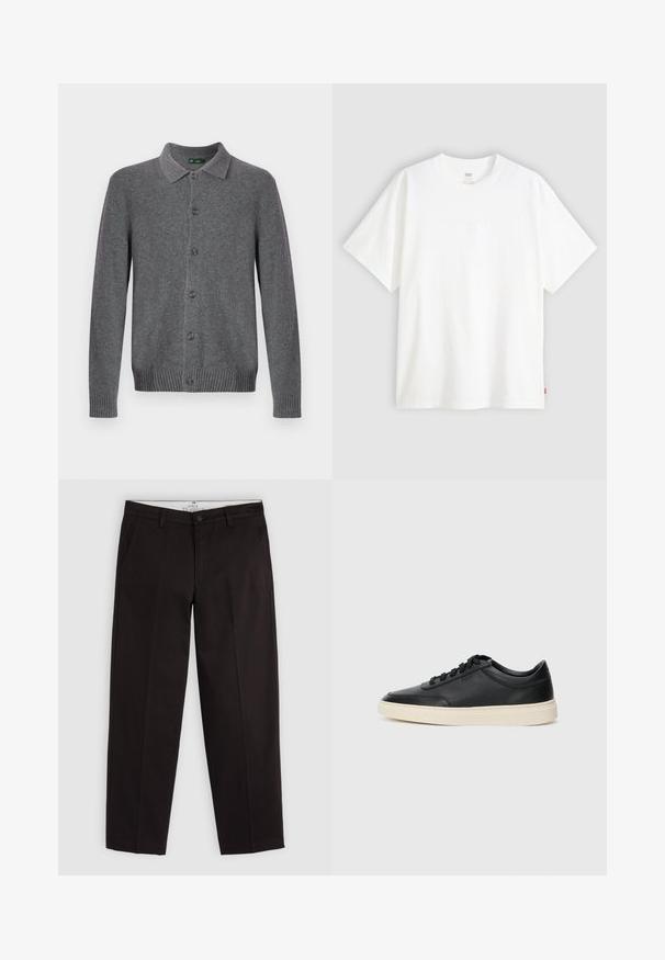 Hall灰卡迪根,经典领口,前面有七个纽扣,罗纹袖口和下摆。采用柔软的羊毛混纺材料。极简设计.; Valge lühikeste varrukatega puuvillane T-särk, millel on ümmargune kaelus. Ees on peene reljeefse logoga detail ja hemmi peal punane silt.; Mustad sirged põlvpüksid, millel on vöökohad, nööbi sulgemine ja küljetaskud, esitlemine helesinise halli taustal.; Mustad musta nahast madal sneaker mustade nööpidega ja kreemivalge tallaga, nähtud külgprofiilis valge tausta ees.