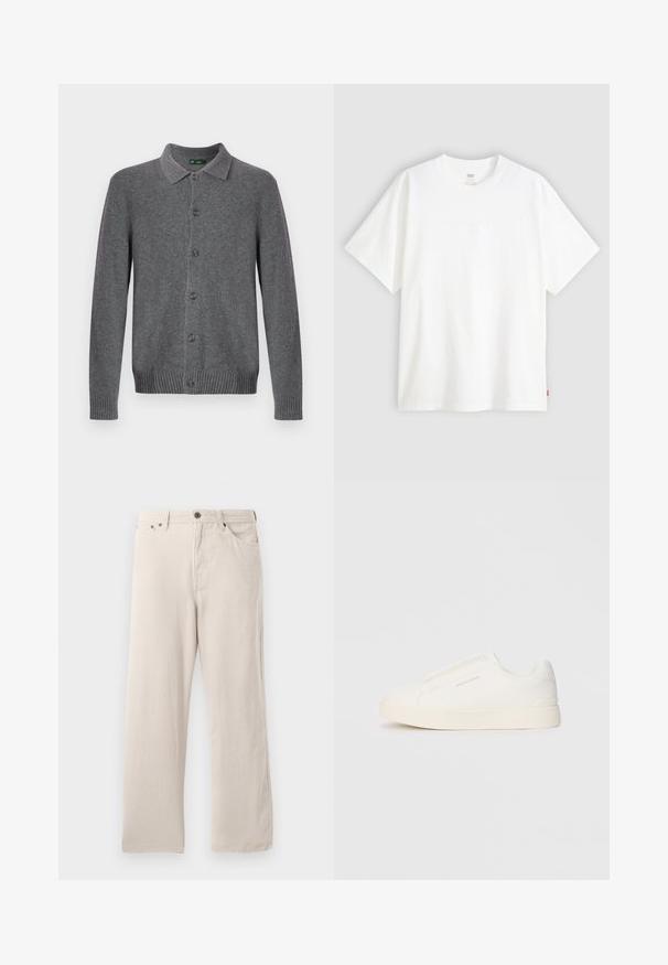 Szürke kardigán klasszikus gallérral, hét gombbal elől, bordázott mandzsettákkal és szegéllyel. Puha gyapjú keverékből készült. Minimalista dizájn.; Fehér, rövid ujjú pamut póló, kerek nyakkivágással. Az elülső részen finom, domború logós részlet található, valamint egy piros cimke az alsó szegélyen.; Beige kordbársony nadrág egyenes szabással, bordázott textúrával, öt zsebes kialakítással és gombos záródással.; Fehér slip-on sportcipők texturált felülettel, vastag talppal és minimalista dizájnnal. Az oldalon a márka logója található.
