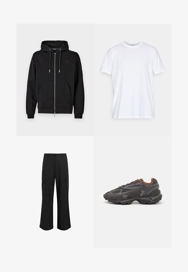 Črn zip-up kapucar iz mehkega materiala, z sprednjim žepom, vrvico za nastavitev in vezeno logotipom na levem prsnem delu.; Bela bombažna majica s kratkimi rokavi, okroglo ovratnico in sproščenim krojem. Ima minimalističen dizajn, brez vzorcev ali dodatkov.; Črne cargo hlače iz lahkega materiala, z ohlapnim krojem, dvema velikima stranskima žepoma in gumbom za zapiranje.; Lacoste teniske v temno sivi barvi z mrežasto in sintetično prevleko, s teksturiranim podplatom in rjavimi detajli na ovratniku ter blagovni znamki.