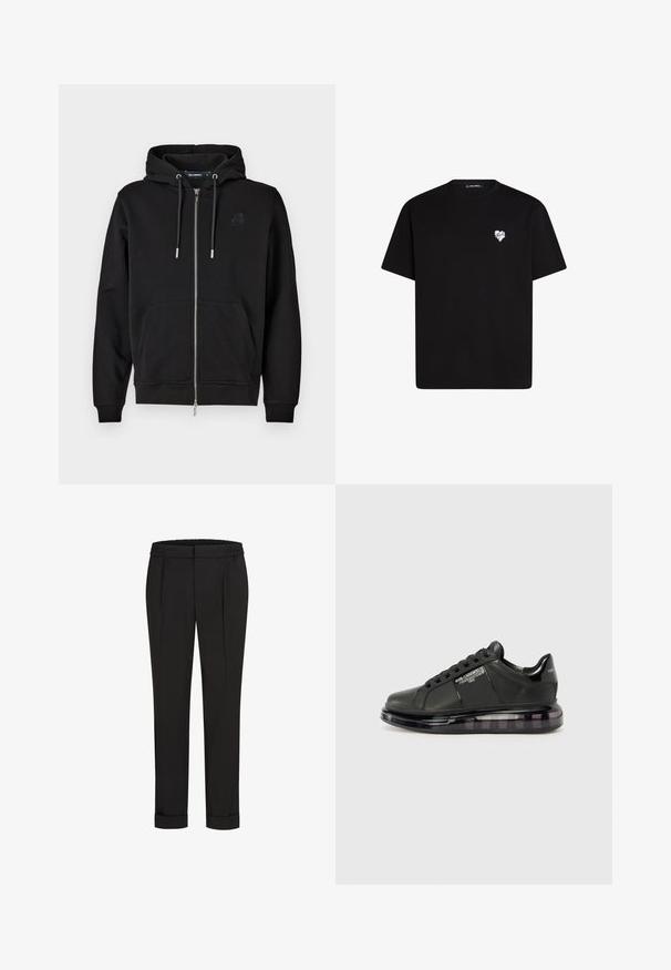 Melnā kapuču jaka ar rāvējslēdzēju, izgatavota no mīksta auduma, kas ietver priekšējo kabatu, auklas un izšūtu logo kreisajā krūtīs.; Melna kokvilnas t-krekls ar īsām piedurknēm, apaļu kakla izgriezumu un nelielu baltu sirds grafiku kreisajā krūšu daļā.; Melni bikses ar elastīgu jostu, ar taisna piegriezuma dizainu un sarullētām piedurknēm. Izgatavotas no gluda, auduma bez rakstiem.; Melnas sporta kurpes ar gludu ādas virsu, noapaļotu purngalu un saistīšanas dizainu. Iezīmē skaidru, mīkstu zoli ar tumšu gradientu.