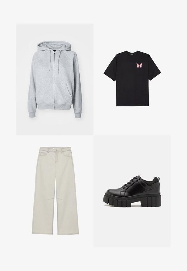 Sivi pamučni dukserica s punim zatvaračem, podesivim kapuljačom s vezicom, raglan rukavima, prednjim džepovima te rebrastim manžetama i donjim rubom.; Crna pamučna majica s kratkim rukavima, s malim grafičkim prikazom ružičaste vjetricaste s desne strane na prsima. Dizajn s okruglim izrezom i opuštenim krojem.; Svijetlosivi široki hlače s pet džepova, prednjim kopčanjem na dugme i kontrastnim šavovima. Tkanina izgleda mekano i izdržljivo.; Crne kožne platforme s debelim blok-peta, okruglim prstima i klasičnim dizajnom vezanja. Imaju gladak tekstur i minimalne detalje.