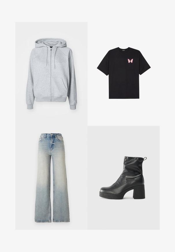 Sivi pamučni dukserica s punim zatvaračem, podesivim kapuljačom s vezicom, raglan rukavima, prednjim džepovima te rebrastim manžetama i donjim rubom.; Crna pamučna majica s kratkim rukavima, s malim grafičkim prikazom ružičaste vjetricaste s desne strane na prsima. Dizajn s okruglim izrezom i opuštenim krojem.; Svijetloplave široke traperice od denima, s visokim strukom, pet džepova i vidljivim šavovima duž šavova.; Crne gležnjače od glatke kože, s bočnim zatvaračem, debelim teksturiranim potplatom i dizajnom s zaobljenim prstima.