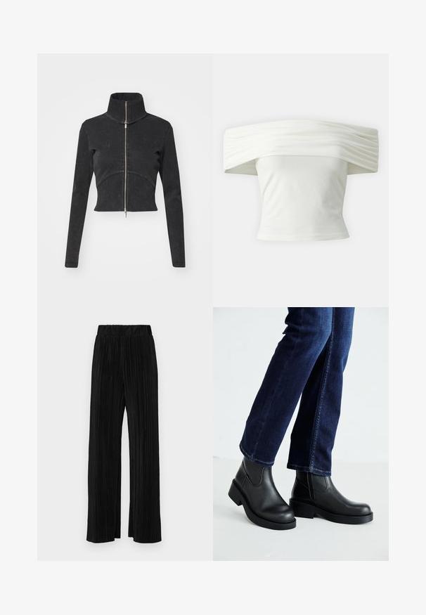 Kappet svart denimjakke med høy krage, hel glidelås og lange ermer. Har buet sømdesign og subtil tekstur.; Off-shoulder hvit topp med plisserte, strukturerte ermer og tettsittende liv. Laget av mykt stoff med en jevn tekstur.; Sorte plisserte bukser med elastisk midje. Har vide ben og et glatt, strukturert stoff med vertikale striper.; Sorte lær ankelsko med en kraftig såle og elastiske paneler på siden, kombinert med mørkeblå jeans. Underlaget er lyst.