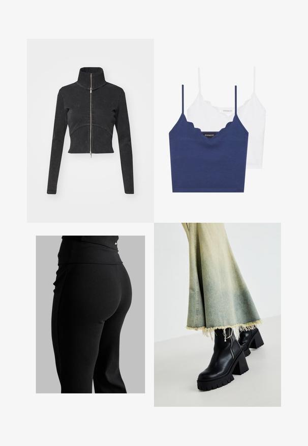 Geschnittene schwarze Jeansjacke mit hohem Kragen, vollem Reißverschluss und langen Ärmeln. Verfügt über ein gewelltes Nahtdesign und subtile Textur.; Marineblaues und weißes Baumwoll-Bralette-Set mit gewelltem Ausschnitt, dünnen verstellbaren Trägern und tailliertem Design. Logotag auf der Innenseite des marineblauen Teils.; Schwarze, gerippte Leggings mit hohem Bund, figurbetonter Form und glatter Textur. Mit dezentem Hardware-Detail am Bund.; Schwarze Leder-Ankle-Boots mit einer groben strukturierten Sohle, kombiniert mit einem verwaschenen Jeansrock mit fransigen Kanten. Reißverschlussdetail an der Seite.