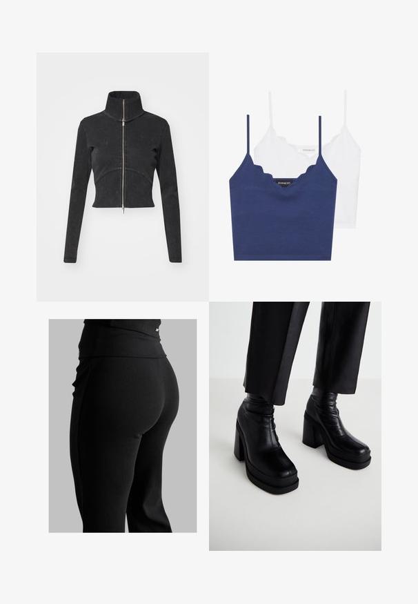 Veste en denim noir coupée avec un col haut, une fermeture éclair complète et des manches longues. Présente un design à couture courbée et une texture subtile.; Ensemble de bralette en coton marine et blanc avec un décolleté festonné, des bretelles fines et ajustables, et une coupe ajustée. Étiquette logo sur le côté intérieur de la pièce marine.; Leggings noirs côtelés avec une taille haute, une coupe moulante et une texture lisse. Comprend un détail matériel subtil sur la taille.; Bottines noires en cuir avec plateforme, talon bloc haut et texture lisse. Présentent des détails de coutures et un design supérieur ajusté.