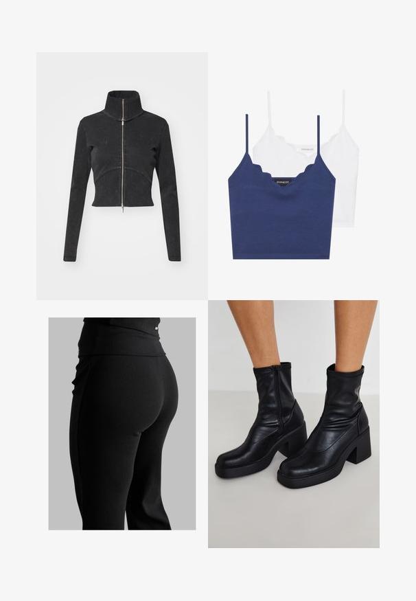 Izgriezta melna džinsu jaka ar augstu apkakli, pilnu rāvējslēdzēju un garām piedurknēm. Iezīmējas ar izliekto šuvju dizainu un smalku tekstūru.; Jūras spēku un baltā kokvilnas bralete ar viļņotu dekoltē, plānām regulējamām siksnām un pieguļošu dizainu. Zīmola birka ir uz iekšējās puses jūras spēku krāsā.; Melni ribētu legingi ar augstu jostasvietu, pieguļošu formu un gludu tekstūru. Iekļauti smalki detaļas pie jostasvietas.; Melni ādas potītes zābaki ar augstu blokveida papēdi, ar sānu rāvējslēdzēju, gludu tekstūru un sašaurinātu purngalu.