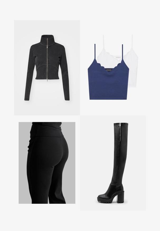 Skraćena crna traper jakna s visokim ovratnikom, punim zatvaračem i dugim rukavima. Ima dizajn zakrivljenih šavova i suptilnu teksturu.; Set od pamuka u mornarsko plavoj i bijeloj boji s valovitim izrezom, tankim podesivim naramenicama i prilegajućim dizajnom. Oznaka s logotipom na unutarnjoj strani mornarsko plavog dijela.; Crne rebraste tajice s visokim pojasom, oblikom koji se lijepo prilagođava tijelu i glatkom teksturom. Uključuju diskretan detalj od hardvera na pojasu.; Even&Odd Čizme s visokom petom - black