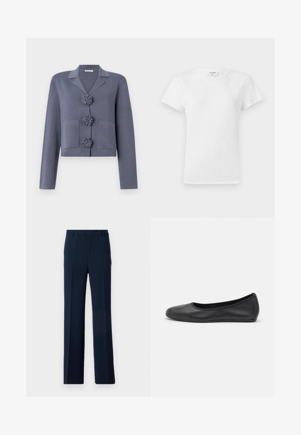 Chaqueta corta y texturizada en tela azul-gris con cuello de muesca, que presenta tres botones decorativos en forma de roseta y dos bolsillos frontales.; Camiseta blanca de algodón con cuello redondo y mangas cortas, que presenta un corte relajado y un diseño minimalista. Etiqueta visible en el cuello.; Pantalones azul marino de tela suave, con un diseño de pierna recta, pliegues delanteros y bolsillos laterales para un aspecto ajustado.; Bailarina de piel negra con punta redondeada, textura suave, detalle de costura minimalista y diseño de suela flexible.