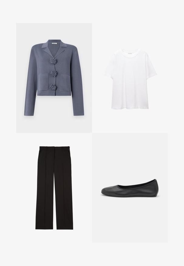 Kratka, teksturirana jakna iz modro-sive tkanine z zobatim ovratnikom, ki ima tri dekorativne rozetne gumbe in dva sprednja žepa.; Navadna bela majica iz bombaža s krožnim izrezom, kratkimi rokavi in sproščenim krojem. Gladka tekstura brez vzorcev ali okrasov.; Črne krojene hlače iz gladkega materiala, s straight-leg obliko in dvema stranskima žepoma. Elegantna in minimalistična zasnova.; Črne usnjene balerinke z zaobljenim nosom, gladko teksturo, minimalnimi šivi in fleksibilno zasnovo podplata.