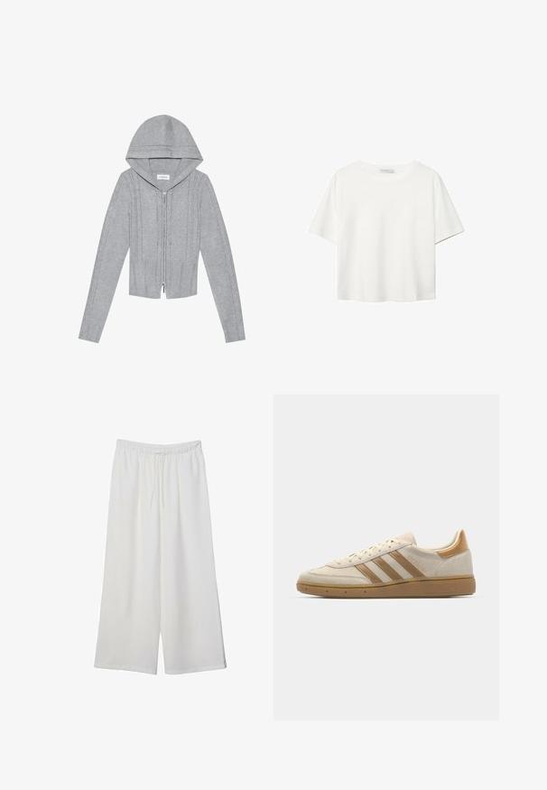 Ljusgrå zip-up hoodie med huva, med kabelstickade mönster, ribbad nederkant och ärmslut, samt en mjuk yta. Perfekt för lager-på-lager stil.; Vit t-shirt med kort ärm i bomull. Har en rundad halsringning och en avslappnad passform. Slät textur utan synliga mönster eller detaljer.; Vita vida byxor i lätt tyg med elastisk midja och dragsko för justerbar passform. Mjuk textur.; Beige mockakesskor med ljusbruna detaljer. Har tre bruna ränder, strukturerad gummisula och en rundad tådesign.