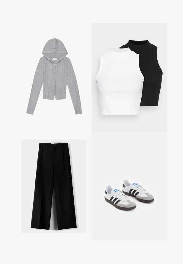 Jasnoszara bluza z kapturem na zamek błyskawiczny, z wzorem w warkocze, ściągaczami u dołu i na rękawach oraz gładką fakturą. Idealna do nakładania warstw.; Dwa bezrękawnikowe golfy w kolorze czarnym i białym, charakteryzujące się dopasowanym fasonem i gładką teksturą, o skróconej długości.; Czarne spodnie szerokie, wykonane z lekkiego materiału, z zapięciem na guzik z przodu i gładkim przodem, z starannie wykończonymi brzegami.; Buty sportowe z białą skórzaną cholewką, szarym zamszowym noskiem i trzema czarnymi paskami. Posiadają niebieskie logo na języku oraz teksturowaną gumową podeszwę.