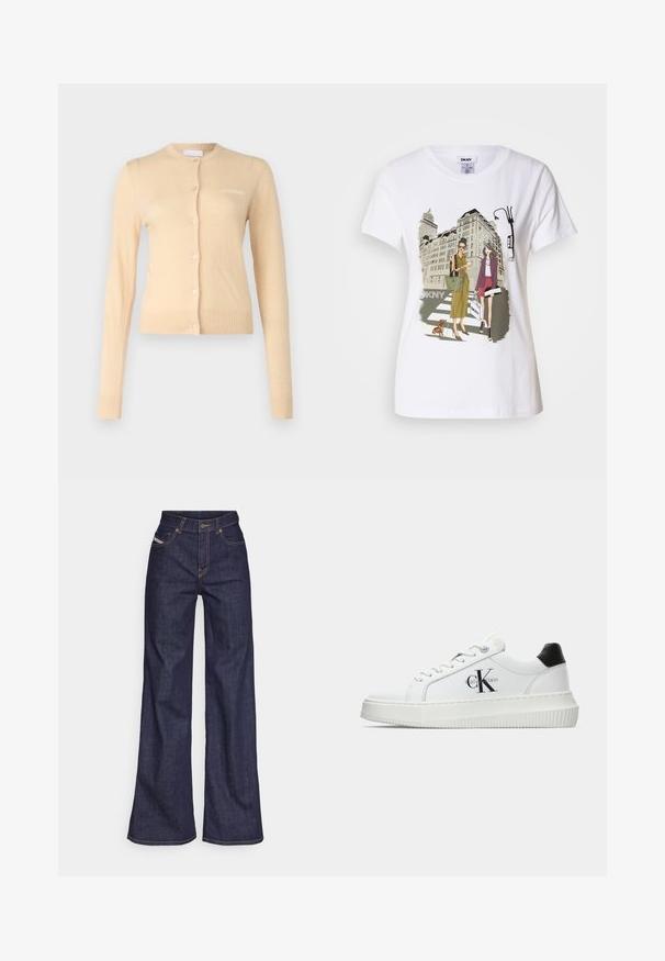 Cardigan bej realizat dintr-un material moale, cu guler rotund, închiderea frontală cu butoane și manșete și tiv cu model în relief. Logo mic pe piept.; T-shirt alb din bumbac, cu o ilustrație imprimată ce înfățișează două femei în stiluri de modă urbană, alături de un câine pe o trecere de pietoni și clădiri ale orașului.; Blugi taille mare, de culoare albastru închis, din material denim, cu croială largă, cu cusături portocalii, design cu cinci buzunare și închidere cu nasture.; Adidași albi cu glezna joasă, cu tab-ul de călcâi negru, talpă platformă, șireturi și logo-ul "CK" de la Calvin Klein pe lateral.