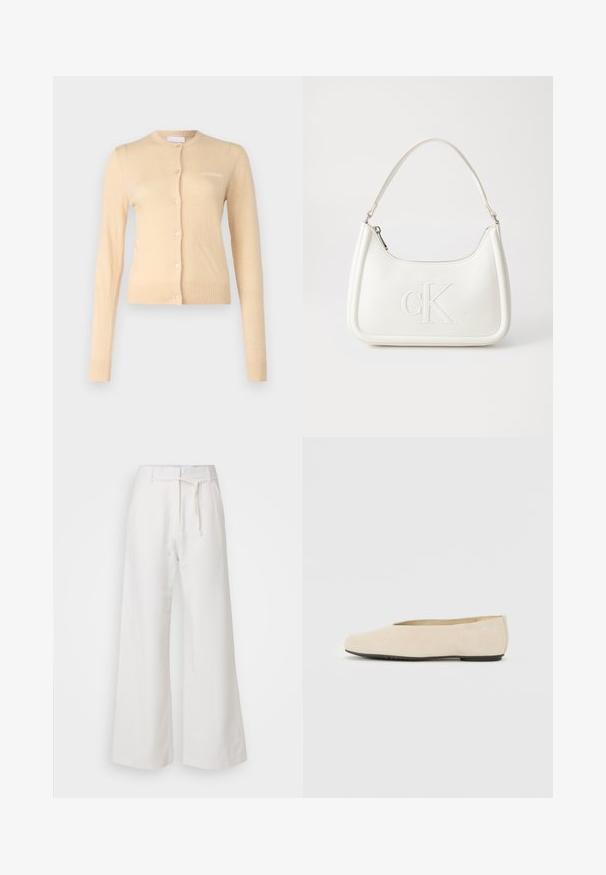 Beige džemperis, izgatavots no mīksta materiāla, ar apaļu kakla izgriezumu, pogu aizdari un ribotu piedurkņu un apakšmalu. Uz krūtīm ir mazs logotips.; Balta bez piedurknēm adīta tops ar apaļu kakla izgriezumu, ribota apakšmala un sānu šuvi detaļām; apakšā ir neliels zīmola etiķete.; DAY Birger et Mikkelsen TERRI SOLID - Auduma bikses - cloud cream; Bežs zamšs balerīnas ar noapaļotu purngalu, platu zoli un minimālu dizainu. Gluda tekstūra un bez redzamiem aparatūras elementiem vai rotājumiem.; Balta ādas rokassoma ar noapaļotu formu, uz kuras priekšpuses ir izgriezts "CK" logo un viena plecu siksna. Augšā aizverama ar rāvējslēdzēju.