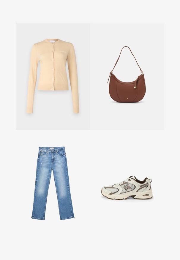 Beige sydänhuivi pehmeästä materiaalista, jossa on pyöreä kaula-aukko, nappikiinnitys edessä sekä resorit hihoissa ja helmassa. Pieni logo rinnassa.; Valkoinen puuvillapaita lyhyillä hihoilla, pyöreällä pääntiellä ja rennolla mitoituksella. Sileä pinta, ilman näkyviä kuvioita tai koristeita.; Vaaleansiniset farkut, suoralahkeinen muotoilu, kuluneet alueet ja hienovarainen kuluminen. Varustettu viidellä taskulla ja klassisella napitusrajalla.; Valkoinen ja ruskea urheilusandaali, jossa on verkkopinta, kaareva muotoilu, pehmustettu pohja ja "N"-logo sivulla. Kestävä kumipohja.; Ruskea keinonahkainen olkalaukku, jossa on kaareva muoto, minimaalinen ompelu ja kultasävyinen varuste. Varustettu ylhäältä avautuvalla vetoketjullisella suljennalla ja säädettävällä hihnalla.