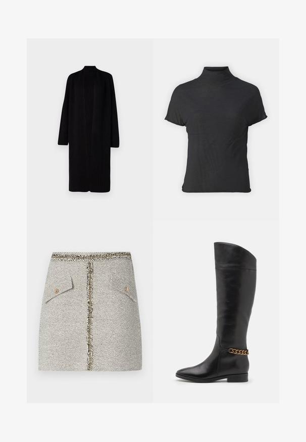 Mustavärinen ribbikuvioinen neuletakki pitkillä hihoilla ja avonaisella edellä. Pehmeä rakenne ja minimalistinen muotoilu, ulottuu polvien ohi. Ei kiinnittimiä.; Musta lyhythihainen turtleneck-paita, joka on valmistettu kevyestä kankaasta, jossa on sileä rakenne ja tiukka muotoilu, ja siinä on korkea kaulus.; Kudottu tweed-hame valkoisen ja mustan herringbone-kuvion kanssa, jossa on kaksi etutaskua ja kultasävyinen vetoketju takana, jossa on kuluneet reunat.; Pitkiä mustista nahkasaappaista, joissa on tyylikäs muotoilu, terävä kärki ja kultaketjuakseli nilkassa. Matala lohko korko. Sujuva pinta.