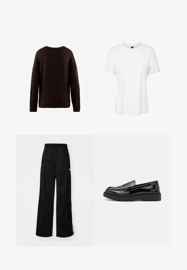 Donkerbruin trui gemaakt van zachte, gestructureerde stof. Ronde halslijn, lange mouwen en een relaxte pasvorm. Eenvoudig ontwerp zonder zichtbare patronen.; Witte korte mouw t-shirt van katoen met een ronde hals en een relaxte pasvorm. Gladde textuur en geen zichtbare patronen of versieringen.; Zwarte wijde trainingsbroek met een elastische tailleband, voorzien van witte zijkanten en een klein logo op de linker heup. Stevige stoftextuur.; Zwarte gepatineerde leren loafers met een ronde neus, een decoratieve band en een dikke zwarte rubberen zool. Glad glanzend oppervlak met minimale stiksels.