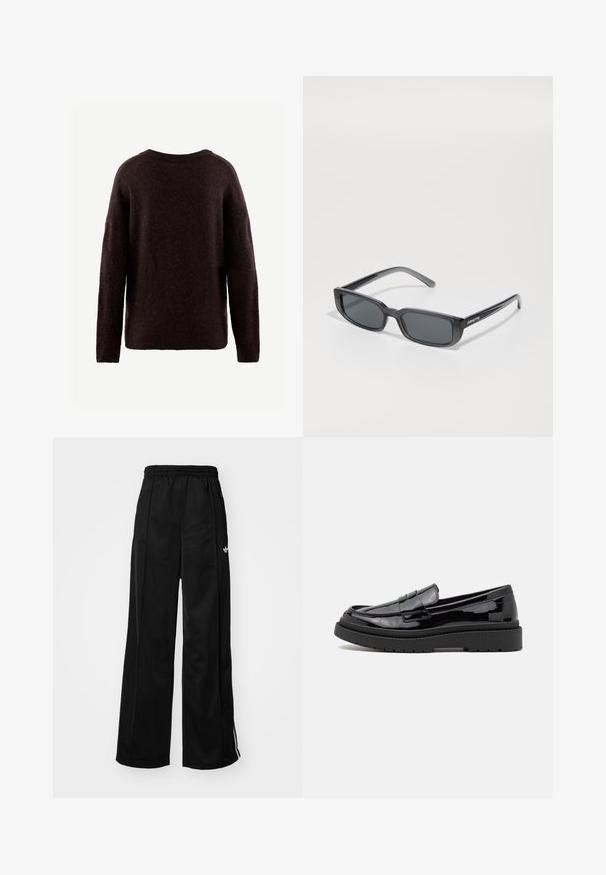 Ciemnobrązowy sweter wykonany z miękkiej, teksturowanej tkaniny. Okrągły dekolt, długie rękawy i luźny krój. Prosty fason bez widocznych wzorów.; Biała koszulka z krótkim rękawem wykonana z bawełny, z okrągłym dekoltem i luźnym krojem. Gładka tekstura, bez widocznych wzorów czy ozdób.; Czarne szerokie spodnie dresowe z elastycznym pasem, z białymi paskami po bokach i małym logo na lewym biodrze. Gładka tekstura materiału.; Czarne lakierowane mokasyny z zaokrąglonym noskiem, dekoracyjnym paskiem i grubą czarną gumową podeszwą. Gładka, błyszcząca tekstura z minimalnym szyciem.; Czarne prostokątne okulary przeciwsłoneczne z grubą plastikową oprawką i ciemnymi soczewkami. Na boku znajdują się litery marki "ARNETTE", elegancki design i błyszczące wykończenie.