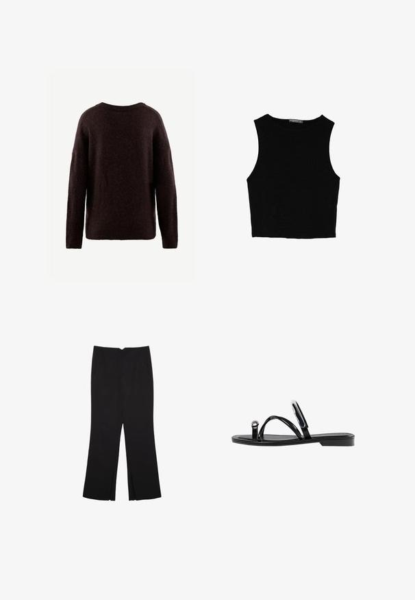 Donkerbruin trui gemaakt van zachte, gestructureerde stof. Ronde halslijn, lange mouwen en een relaxte pasvorm. Eenvoudig ontwerp zonder zichtbare patronen.; Zwarte mouwloze crop top van soepel materiaal, met een ronde hals en een schone, eenvoudige uitstraling zonder patronen of hardware.; Zwarte broek met een rechte pasvorm, voorzien van zijzakken en plooien aan de onderzijde. Gemaakt van zachte, gladde stof. Geschikt voor verschillende gelegenheden.; Zwarte platte sandalen met een glanzende afwerking, drie dunne banden en een ronde hardware detail bij de teen. Slank ontwerp met een minimalistische hak.