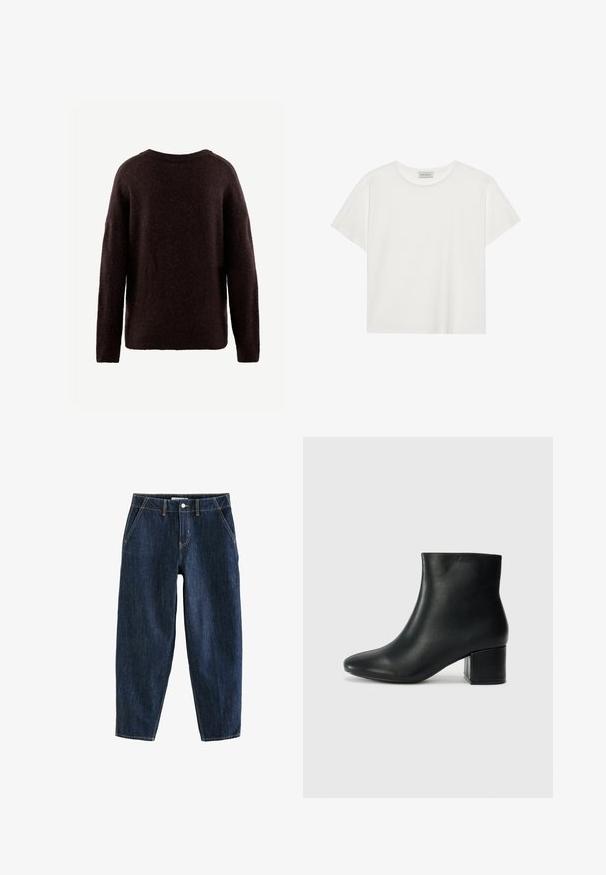 Donkerbruin trui gemaakt van zachte, gestructureerde stof. Ronde halslijn, lange mouwen en een relaxte pasvorm. Eenvoudig ontwerp zonder zichtbare patronen.; Witte T-shirt met korte mouwen, gemaakt van zachte katoen. Heeft een ronde halslijn en een relaxte pasvorm. Schoon ontwerp zonder zichtbare patronen of accenten.; Donkerblauwe denim broek met een losse pasvorm, voorzien van vijf zakken, riemlussen en contrasterende gele stiksels. Schoon, textuurachtig stof.; Zwarte leren enkellaarzen met een spitse neus en een chunky hak. Gladde textuur met minimale accenten en een slank, strakk ontwerp.