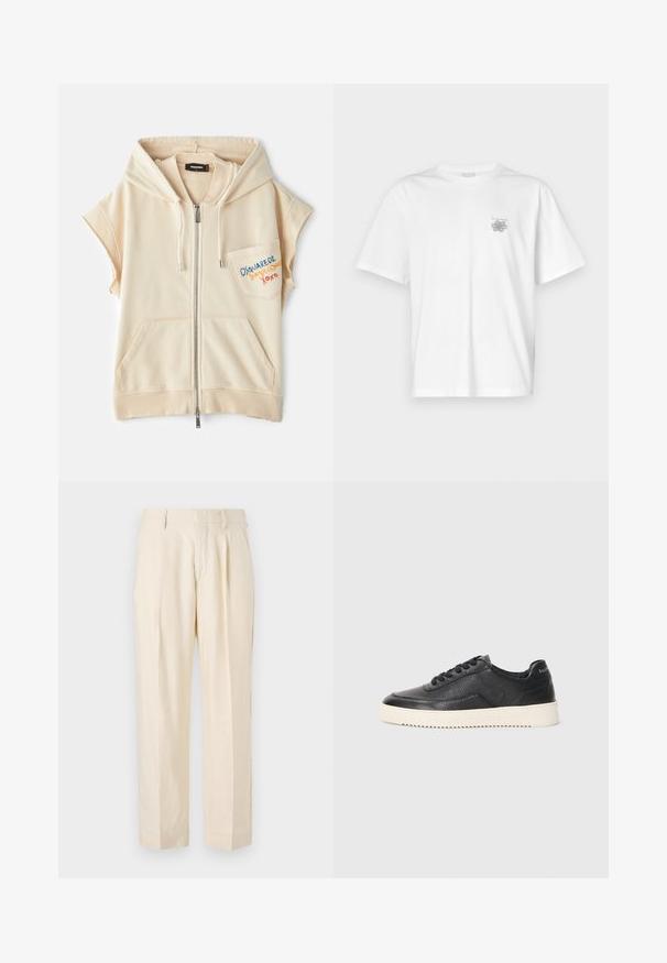 Béžová mikina na zips s krátkymi rukávmi, klokaními vreckami a vyšitým logom na hrudi. Mäkka látka s hladkou textúrou.; Biela tričko vyrobené z bavlny, s krátkymi rukávmi, okrúhlym výstrihom a malým šedým logom na oblasti ľavej hrude. Hladká textúra.; NN.07 KAY - Nohavice - off white; Čierne kožené tenisky s textúrovaným povrchom, okrúhlou špičkou a plochou bielou gumovou podrážkou. Obsahujú čierne šnúrky a značku na päte.