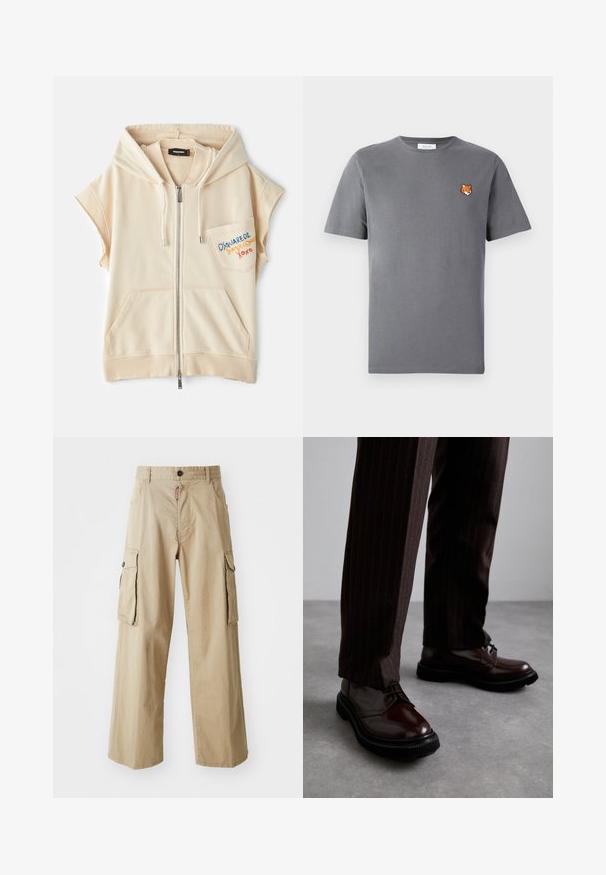 Bežinė zip-up džemperis su trumpomis rankovėmis, kengūrų kišenėmis ir siuvinėtu logotipu ant krūtinės. Minkšta medžiaga su lygia tekstūra.; Pilkas medvilninis marškinėliai su maža oranžine lapės galvos siuvinėjimu virš kairiojo krūtinės. Apvalus kaklas, trumpomis rankovėmis ir klasikinio silueto.; Smėliniai cargo kelnės, pagamintos iš medvilnės, turinčios plačius džinsus, dvi dideles šonines kišenes ir mygtukinį užsegimą ties liemeniu.; Rudos odinės bateliai su raišteliais, blizgiu paviršiumi, juoda gumine absorbcija ir subtilia siūle. Dėvimi su rudos spalvos dryžuotomis kelnių.