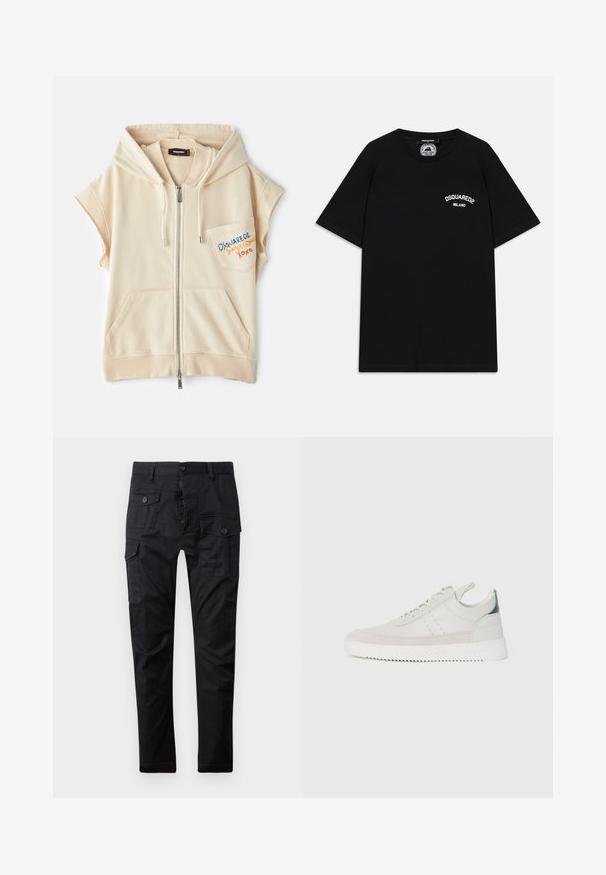 Beige jaka ar rāvējslēdzēju un īsām piedurknēm, ar kangaru kabatām un izšūtu logotipu uz krūšu daļas. Mīksts audums ar gludu tekstūru.; Melnas kokvilnas T-krekls ar īsām piedurknēm, ar baltu "DSQUARED2 MILANO" logo uz krūšu. Apaļas kakla izgriezums, gluda tekstūra.; Melnas kravas bikses, izgatavotas no izturīga auduma, ar daudzām kabatām, pogu jostu un taisnu kāju dizainu. Gluda tekstūra un matēta apdare.; Baltas ādas sporta apavi ar pelēka zamšādas akcentiem, saistoša dizaina, ar vilkšanas cilpu un teksturētu gumijas zoli, kas raksturojas ar zigzag rakstu.