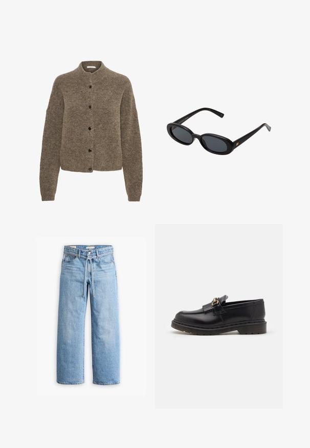 Smeđi kardigan od mekog materijala, s okruglim izrezom, dugim rukavima i crnim dugmadi sprijeda.; Bijela majica kratkih rukava od pamuka, s okruglim izrezom i opuštenim krojem, bez vidljivih uzoraka ili grafike.; Svijetloplavi traper široki traperice s visokim strukom, kopčanjem na gumb i zatvaračem te detaljem s vezicom u struku. Sirovi rub.; Crne kožne mokasine s okruglim prstom, ukrasnim resicama i zlatnim detaljima. Debeli gumeni đon za dodatno prianjanje i izdržljivost.; Crne velike sunčane naočale s ovalnim staklima, glatkim plastičnim okvirom i zlatnim detaljima na sljepočnicama. Tamna stakla pružaju zaštitu od sunca.; DRAGON DIFFUSION ROSANNA - Ručna torba - dark brown