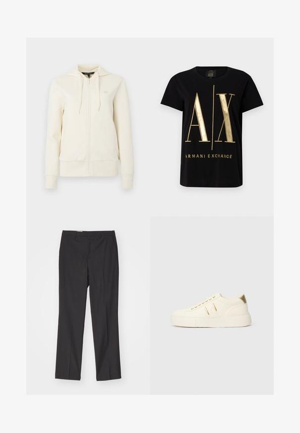 Crème-kleurige zip-up hoodie met lange mouwen, voorzakken, verstelbare trekkoordkap, en subtiele "AX" logo op de linkerborst.; Zwarte katoenen t-shirt met een gedurfde gouden "A/X" logo en "ARMANI EXCHANGE" tekst, korte mouwen, ronde halslijn, gladde textuur.; Zwarte op maat gemaakte broek met een rechte pijpdesign, voorzien van riemlussen en een soepele textuur, gemaakt van lichtgewicht stof.; Crème kleurige low-top sneaker met gouden accenten, veters en geperst "Armani Exchange" logo op de zool en zijpatch.