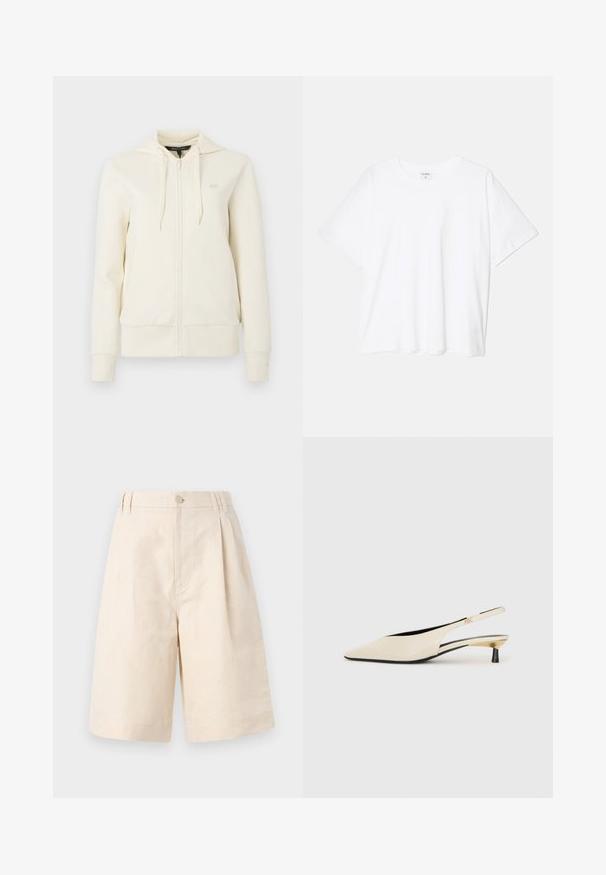 Krémová zipová mikina s dlhými rukávmi, prednými vreckami, nastaviteľnou kapucňou na šnúrku a jemným logom "AX" na ľavej hrudi.; Biely bavlnený tričko s krátkymi rukávmi, okrúhlym výstrihom, voľným strihom a prešitým lemom. Štítok viditeľný na vnútornom krku.; Béžové ľanové šortky so voľným strihom, s gombíkovým zapínaním, s plisovaným dizajnom a dĺžkou po kolená. Hladká textúra a jednoduchý štýl.; Bežové lakované sandálové topánky s špicatou špičkou, štíhlým čiernym podpätkom a kovovými zlatými akcentmi na bokoch.