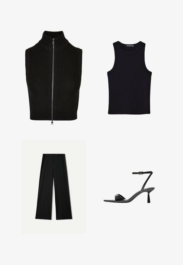 Czarny bezrękawnik z wysokim kołnierzem, prążkowaną fakturą oraz pełnym zamkiem z przodu. Prosty design bez dodatkowych wzorów czy akcentów.; Czarny top na ramionczkach wykonany z bawełny, z okrągłym dekoltem i szerokimi wycięciami na ramionach. Gładka tekstura z przeszytymi brzegami. Klasyczny, minimalistyczny design.; Bershka WIDE czarny; Bershka - Sandały na obcasie