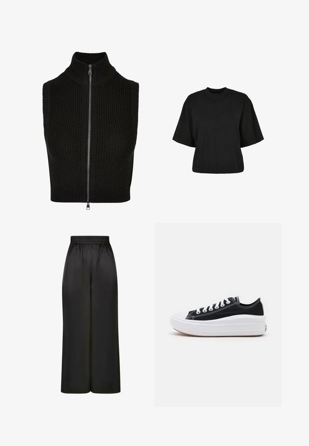 Must musta särk kõrge kaelusega, ribakujundusega ja täispikkuse tõmblukuga. Lihtne disain ilma lisamustrite või aktsentideta.; Must terav t-särk, mis on valmistatud puuvillast. Omab lühikesi varrukaid ja ümmargust kaelust. Sile tekstuur ja lihtne disain, ilma täiendavate mustriteta.; Mustad laiad püksid, mis on valmistatud siledast, läikivast kangast, millel on elastne vöökoht ja ilma nähtavate taskute või riistvara detailideta.; Mustad mustad kingad valgete paeltega, valge kummist varbakattega ja paksu valge vaheosaga. Omab diskreetset valget õmblust ja kummi talla.