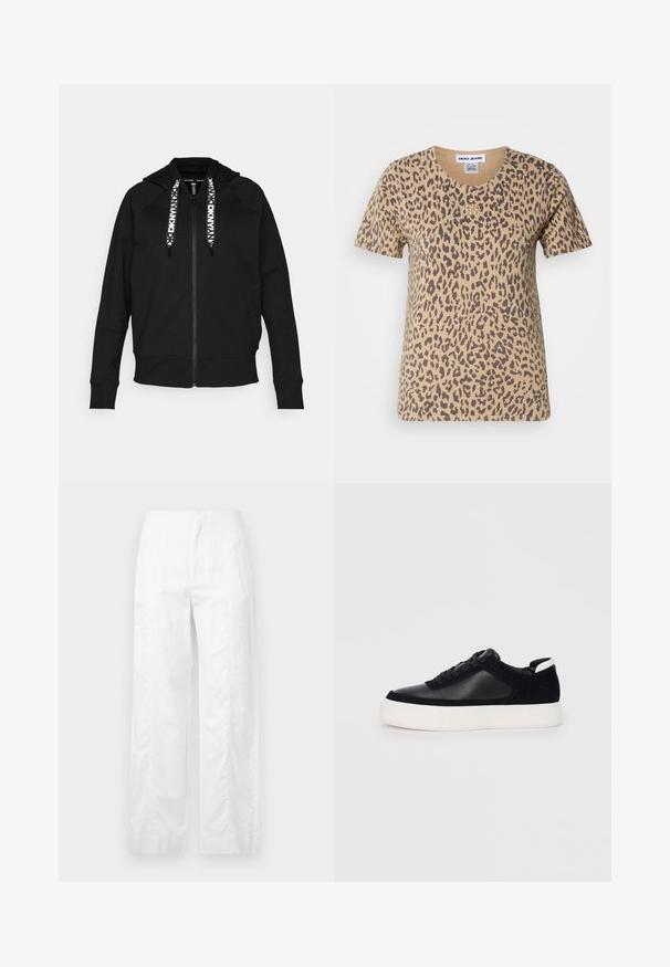 Sweatshirt preto com fecho de correr, feito de tecido macio. Apresenta um capuz, mangas raglan e cordões brancos em contraste com um padrão geométrico.; T-shirt bege de mangas curtas com um design de estampa de leopardo, apresentando um decote redondo e um pequeno logótipo dourado em destaque na frente.; Calças brancas de perna larga feitas de um tecido leve, com uma textura suave, linhas limpas e um design de cintura alta.; Sapatilha preta com painéis de pele lisa e camurça, atacadores planos, bico arredondado e sola de borracha branca. Logótipo distinto no calcanhar.