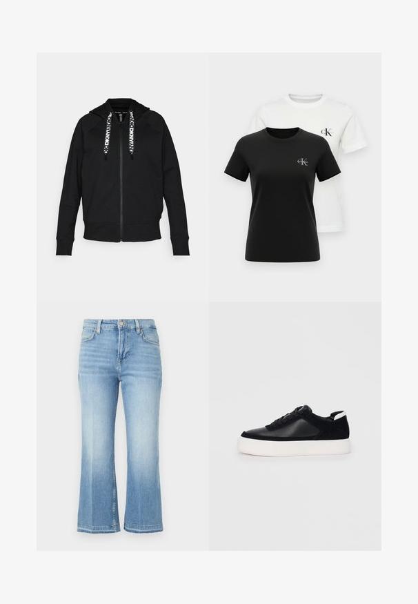 Fekete, cipzáras kapucnis felső, puha anyagból készült. Kapucnival, raglán ujjakkal rendelkezik, valamint kontrasztos fehér húzózsinórral és geometrikus mintával.; Fekete-fehér, rövid ujjú pólók pamutból, környakú kivitelben és kis logóval a mellkason. Sima tapintású, klasszikus szabású.; Világoskék farmernadrág, magas derékkal, széles, fodros lábakkal, elhalványodott dizájnnal, és öltögetett díszítésekkel a zsebeken és a szegélyen.; Fekete sportcipő sima bőrből és velúr panelekkel, lapos fűzőkkel, kerek orral és fehér gumi talppal. Megkülönböztető logó a sarkán.