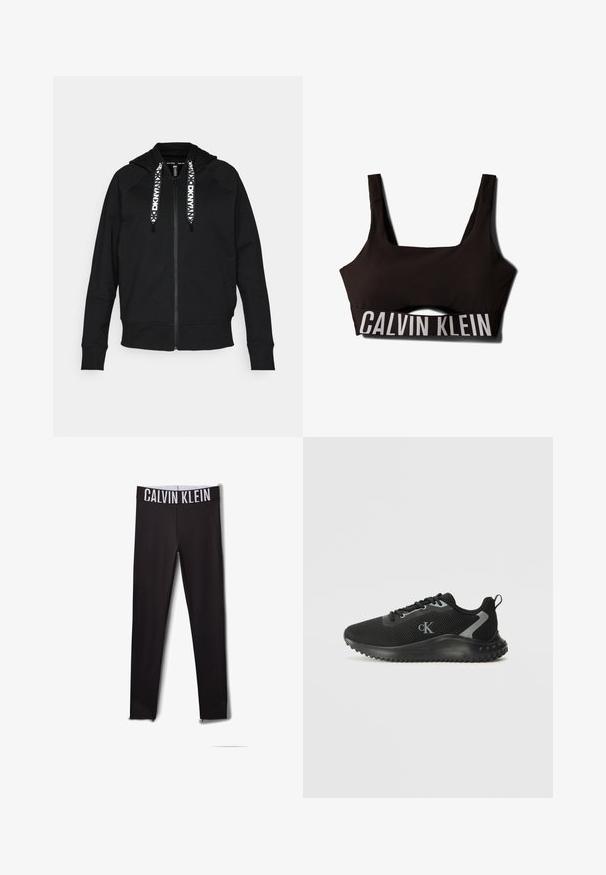 Melnā kapuci ar rāvējslēdzēju, kas izgatavota no mīksta auduma. Iekļauj kapuci, raglanu piedurknes un kontrastējošas baltas auklas ar ģeometrisku rakstu.; Melnas sporta krūšturis ar kvadrātveida kakla izgriezumu un platām lencēm. Iezīmēts ar teksturētu augšējo daļu un kontrastējošu baltu "CALVIN KLEIN" logo uz lentes.; Melni legingi ar balto "CALVIN KLEIN" logotipu jostasvietā. Gluda auduma, pieguļoša piegriezuma, ar acu akcentiem pie potītēm.; Melnas zemas sporta kedas ar elpojošu sietu, ar auklēšanas dizainu, faktūrētu zoli un "cK" logo sānos.