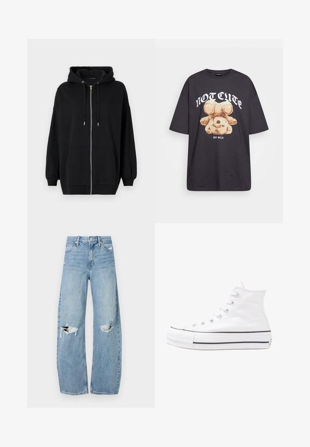 Crna zip-up dukserica napravljena od mekog materijala, sa kapuljačom na vezivanje, dva prednja džepa i rebrastim manžetama za opuštenu fit.; Crna oversized majica s grafikom medvjeda i natpisom "NIJE SLATKO, ALI DIVLJE" u podebljanim, bijelim slovima. Pamuk.; Svijetloplave, visoko-strukirane traperice. Imaju široke nogavice, dva razderana područja na koljenima i klasičan stil s pet džepova.; Bijela visoka platnena tenisica s crnom gumenom potplatom, prednjim gumenim zaštitnikom prstiju i šest rupa za vezanje, s čistim, minimalističkim dizajnom.