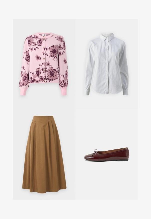 Rožinė gėlėta megztinė su violetiniais akcentais, turintis mygtukų užsegimą, raukšlėtas rankogalius ir švelnią tekstūrą. Dizainas apima išsibarstę gėlių raštus.; Balta marškinėliai su mygtukais, pagaminti iš lygios medvilnės, su klasikiniais apykaklės, ilgomis rankovėmis ir lenktu kraštu. Mygtukai maži ir balti.; Ruda medvilninė A formos sijonas su aukštu liemeniu, puikuojantis klostėmis priekyje ir lygia tekstūra. Apdailos kraštai yra švarūs ir paprasti.; Bordo lakiotos odos baleto bateliai su apvalia nosimi, maža kaspinėlio akcentu priekyje ir žema juoda guma padanga. Lygi tekstūra.