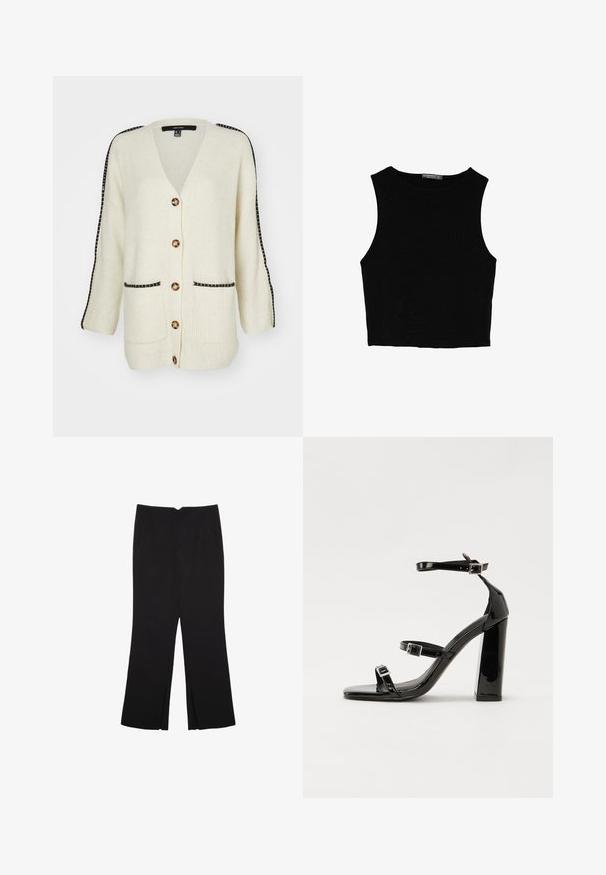 Cremfarbener Cardigan mit gerippter Struktur, V-Ausschnitt, fünf goldenen Knöpfen und schwarzen Streifenakzenten an den Ärmeln.; Schwarzes ärmelloses Crop-Top aus glattem Stoff, mit rundem Ausschnitt und einem klaren, schlichten Design ohne Muster oder Beschläge.; Schwarze Hose mit geradem Schnitt, ausgestattet mit Fronttaschen und Seitenschlitzen am Saum. Hergestellt aus weichem, glattem Stoff. Geeignet für verschiedene Anlässe.; Schwarze patentierte Sandalen mit Absatz, quadratischer Spitze, Knöchelriemen und silbernen Schnallen. Mit einem stabilen Blockabsatz für mehr Stabilität.