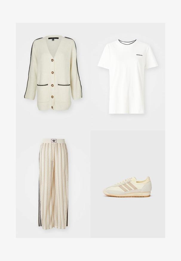 Kreemjas toonis kardigan, millel on soonikstruktuur, V-kujuline kaelus, viis kuldset nööpi ja mustad triibud varrukate ääres.; Valge puuvillasest t-särgist lühikeste varrukatega ja ümarate kaelustega. Rinnal on must Adidas'i logo ning kontrastne must sisekaelus.; Kreemivärvilised lai säärega püksid, millel on siksakmustrit, must logoga vööp ja külgmised mustad triibud. Kerge, tekstureeritud kangas.; Kreem värvi spordijalats, millel on kolm beeži triipu, sametist ja tekstiilist materjalid, tekstureeritud tallaosa ning reljeefne bränding kandadel.